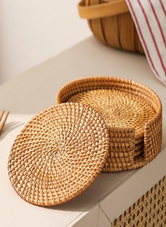 UTHCLO Natural Woven Rattan Coaster Set of 6 with Holder Heat-Resistant Drink Coasters for Tabletop Protection Rustic Wicker Placemats for Kitchen Living Room Outdoor Use - Image 3